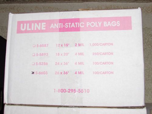 Lot of 2 boxes uline s-6603 poly anti-static bags 26 x 36&#034; 4mil 100/box for sale