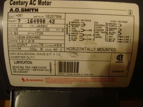 CENTURY AO SMITH  AC MOTOR  7-164990-42  1/3HP 230/480V  NEW