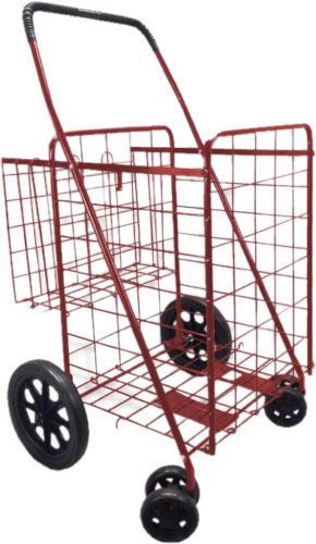 DOUBLE BASKET RED FOLD-ABLE SWIVEL WHEELS  360 ROTATION JUMBO SHOPPING CART