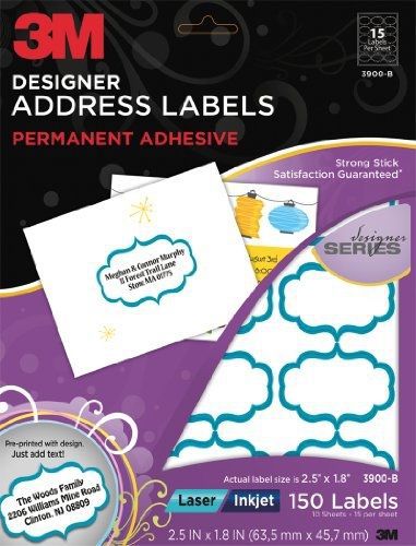 3M Designer Address Labels for  Laser/Inkjet Printers, White, Blue Scroll, 1.8 x