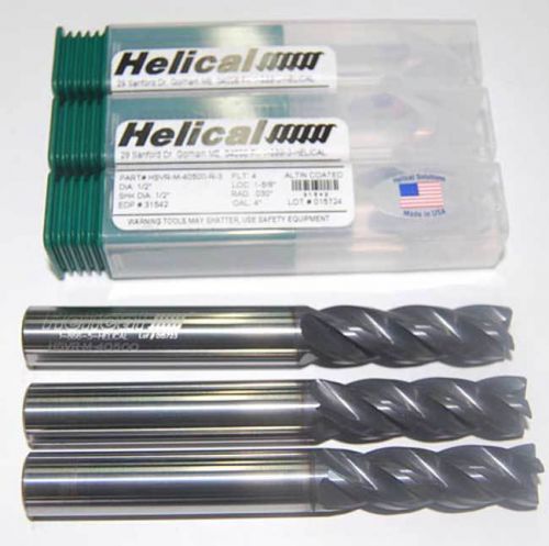 3 Pc. Helical 1/2&#034;x1-5/8&#034; Vari. Pitch High Perf. Carbide  End Millsw/CR-Stainles