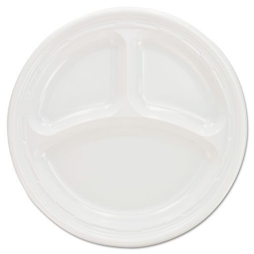 Plastic Plates, 9 Inches, White, 3 Compartments, Round, 125/Pack