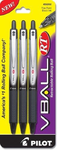 Pilot VBall RT Retractable Rolling Ball Pens, Fine Point, 3-Pack, Black Ink