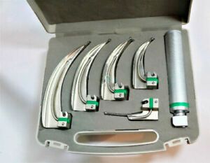 FIBER OPTIC Laryngoscope Mac Set of 5 BLADE &amp; HANDLES EMT Anesthesia