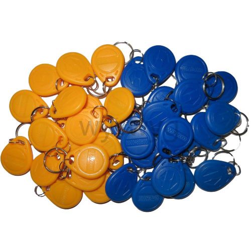 100pcs 125KHz RFID ID EM4100 Proximity Induction Tag Token Keyfob Yellow &amp; Blue