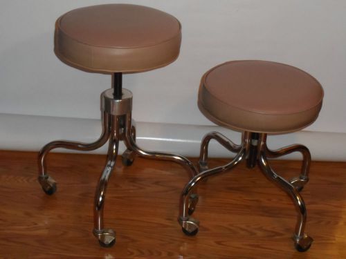 2 EF BREWER ADJUSTABLE STOOLS WITH CASTERS! 14&#034; SEAT! STURDY METAL BASE! USA!