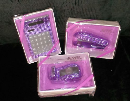 BLING PURPLE RHINESTONE DESK SET RHINETSONE CALCULATOR, STAPLER, TAPE DISPENSER