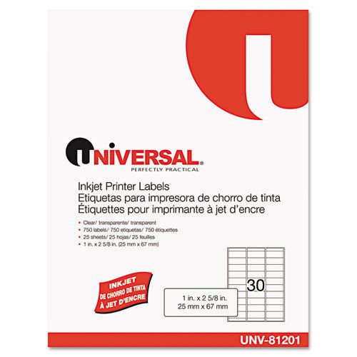 Universal inkjet printer labels, 2-5/8 x 1, clear, 30 labels per sheet, 750 per for sale