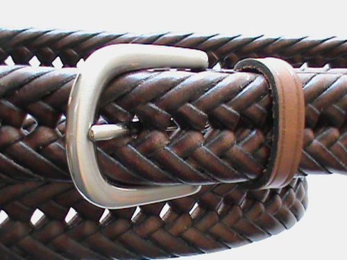 1 1/4&#034; genuine leather brown braided woven belt men&#039;s 46 silver buckle 52.5&#034;
