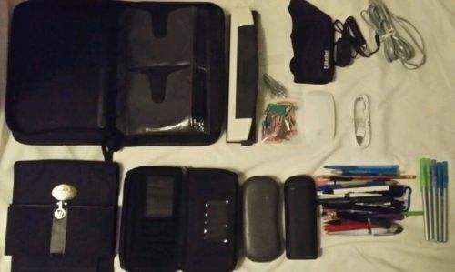 Lot: macbook mouse, cd case, hole punch, wallets, pens, paper clips, usb, phone for sale