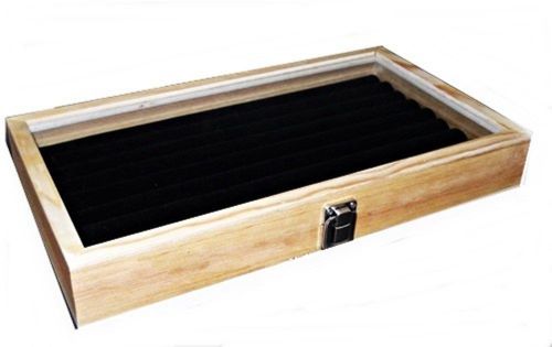 3 Key Lock Locking Natural Wood Glass Top Black 8 Row Ring Jewelry Display Cases