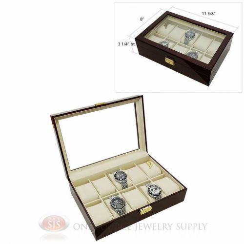 10 Watch Glass Top Rosewood Watch Case with Beige Faux Leather Lining Display