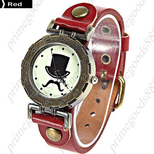 Mustache top hat round case quartz lady ladies wristwatch women&#039;s red for sale