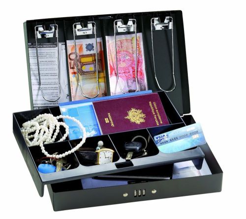 Lock combination cash box compartments tray keyless safe coins bills checks for sale