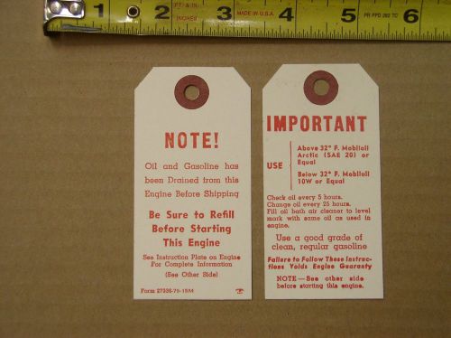 2 vintage / early / old briggs &amp; stratton gas engine oil instruction label / tag for sale