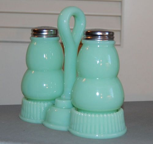 Jadeite glass salt and pepper shakers set with holder / castor jade jadite green