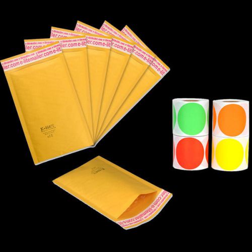 750^ 250 #00 5x10 Kraft Bubble Mailer+ 500 2&#034; ORANGE Round Dot Label Stickers