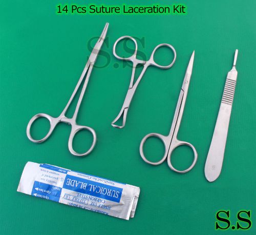 14 PCS SUTURE LACERATION KIT FORCEPS SCISSORS TOWEL CLAMPS SCALPEL HANDLE BLADES