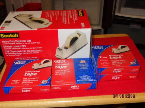 3M Scotch C25 Heavy Duty Dispenser 06924 W/ 4 Rolls Tape Transparent 3/4 x 2592