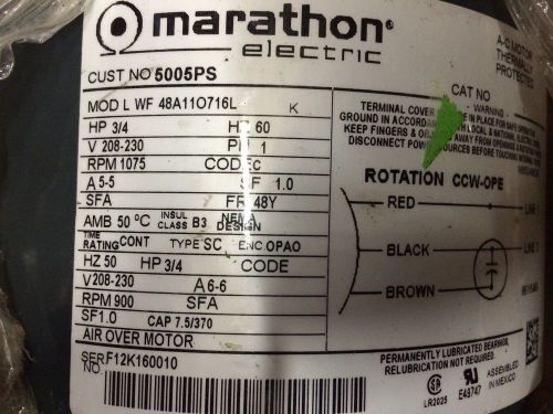 Marathon 3/4 Hp 1075 Rpm 208-230 V Cust No 5005ps