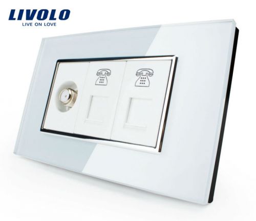 Us standard wall satv+tel socket white crystal glass panel ac 125~230v 15a for sale