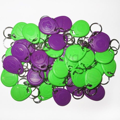 100pcs 125KHz RFID ID EM4100 Proximity Induction Tag Token Keyfob Green &amp; Purple