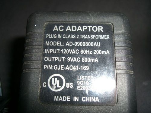 Generic AD 0900800AU GJE-AC41-169 Power Supply  IP 120v 60hz 200ma  OP  9v 200ma