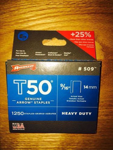 ARROW FASTENER T50 9/16&#034; STAPLES 1250 STAPLES PER PACK #509 (2 PACK!)