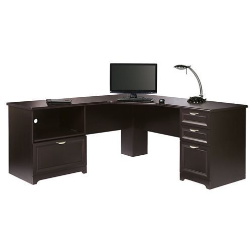 Contemporary Realspace Magellan L shaped Computer Office Desk Espresso Drawers