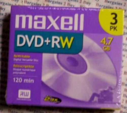 Pkg of 3-Maxell DVD+RW,4.7GB,for PC or Home Video Use-#634015-1x to 2.4x-NIB-NR