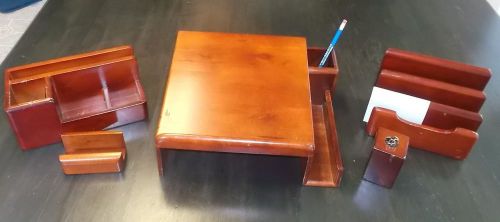 WOOD 5 PC DESK SET: PAPER CLIP, PENCIL &amp; BUSN CARD HOLDER, PHONE STAND &amp; MORE