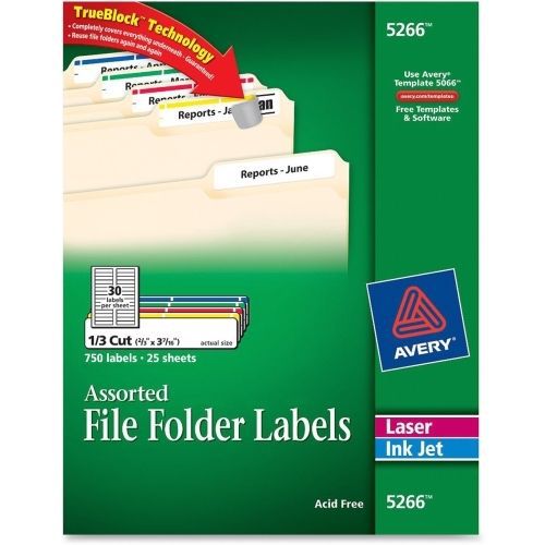 Avery Filing Label - 0.66&#034;W x 3.43&#034;, 0.33&#034;L - 750/Pk- Laser,Inkjet -Assorted