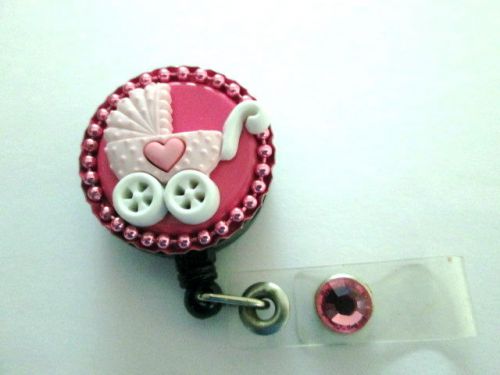 BABY BUGGY WITH CRYSTAL ON SNAP ID BADGE RETRACTABLE REEL,NURSE,MOM,TEACHER