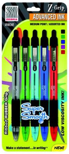 Zebra Z-Grip Neon RT Ball Point Pens Assorted 5 Count