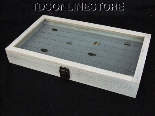 Rustic antique white color 72 ring glass top display case gray insert for sale