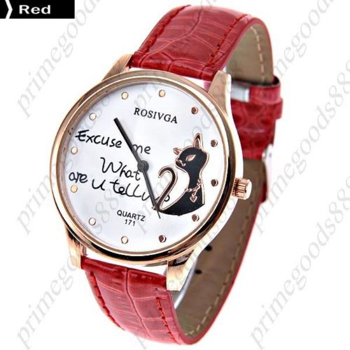 Cat round case pu leather quartz wrist wristwatch free shipping women&#039;s red for sale