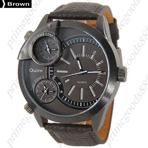 Brown face pu leather 3 time zone zones sub dials analog quartz men&#039;s wristwatch for sale