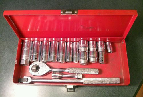 PROTO PROFESSIONAL 3/8&#034; Drive12 Point SAE Socket Set 17 pc Orig Red Metal Box