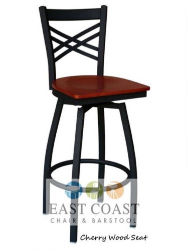 New Gladiator Cross Back Metal Swivel Restaurant Bar Stool w/ Cherry Wood Seat