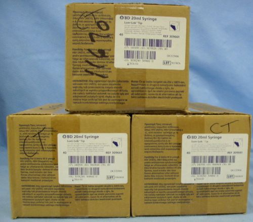 3 Boxes/40ea BD 20mL Luer Lock Tip  Syringes #309661