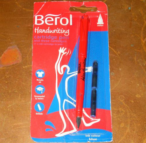 BEROL MEDIUM NIB HANDWRITING FOUNTAIN CARTRIDGE PEN BLUE INK WITH 2 REFILLS NEW