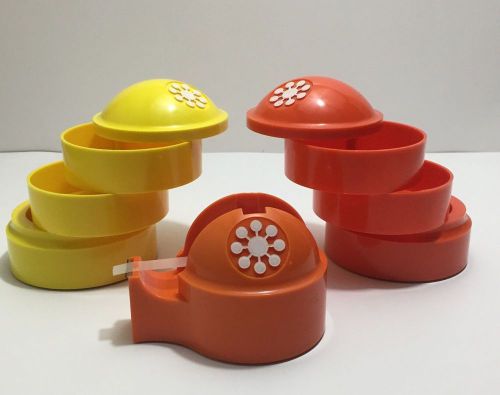 Vintage Retro Desk Organizers Tape Dispenser 1970&#039;s Orange Yellow White Flower