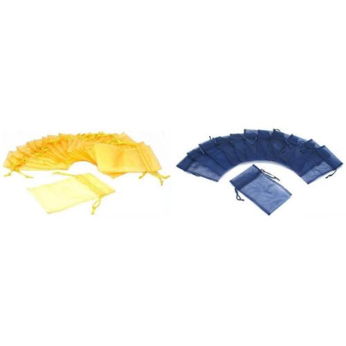 Yellow &amp; Navy Blue Organza Drawstring Pouches Jewelry Gift Bags Kit {#} Pcs