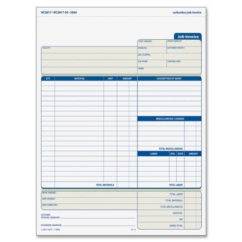 Job Invoice Unit Set, 8.5 x 11.44 Inch, 2-Part, Carbonless, 100-Pack