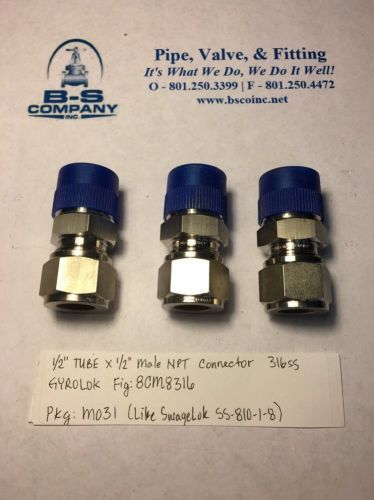 *New* 3 Pcs - 1/2&#034; X 1/2&#034; Male NPT Connector 316ss, Mfg: GyroLok, Model: 8CM8316