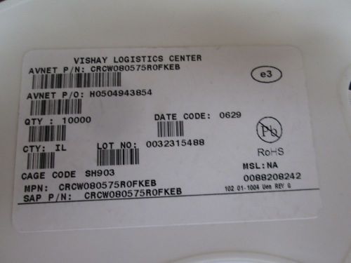 CRCW080575R0FKEB QTY 20K VISHAY RES,Metal Glaze,75Ohms,150WV,1+/-% Tol,-100,100p