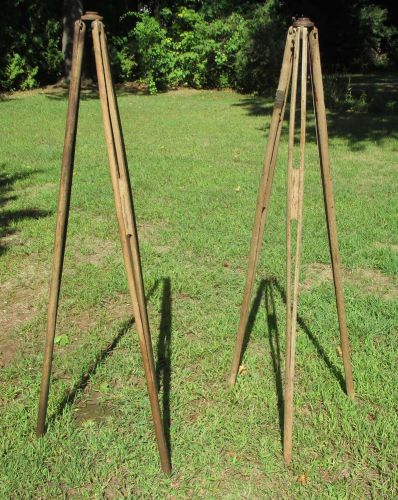 Matched Pair Vintage Survey Wood Tripod Camera Lamp Base Industrial 60&#034;