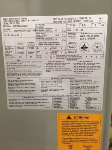 Modine Gas-Fired Unit Heater, Model # Mfg. # :PDP300AE0130