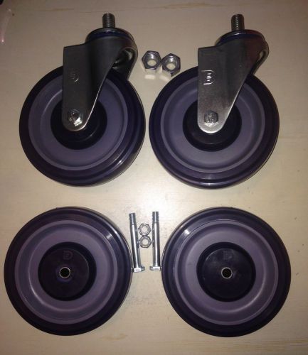 New shopping cart repair 5&#034; wheel caster set (4) 2 front swivel &amp; 2 rear w/ hrdw for sale