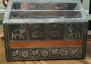 Embossed Elephant Metal Copper Desk Organizer Caddy Decorative